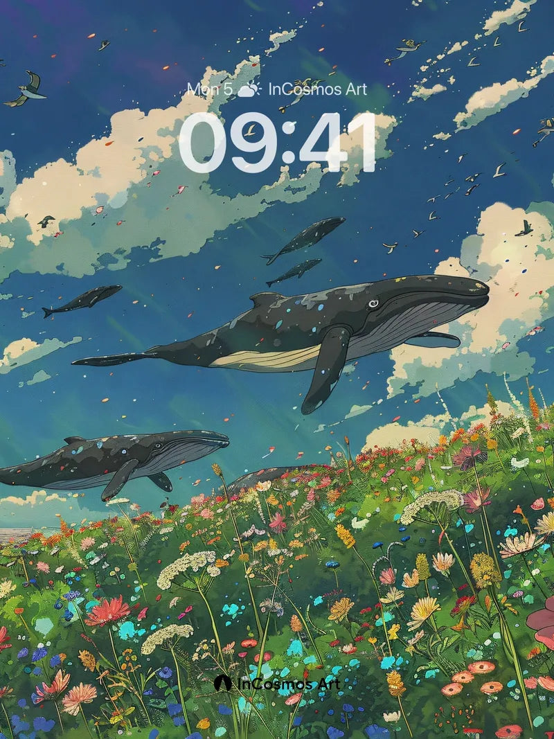 Whale Sky Wallpaper with Floating Flowers