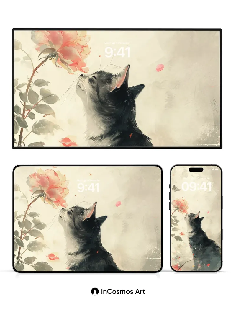 Whispering Petal Wallpaper with Feline Gaze