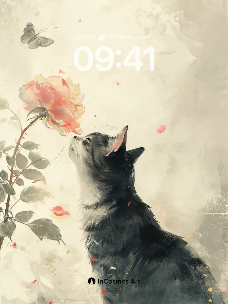 Whispering Petal Wallpaper with Feline Gaze