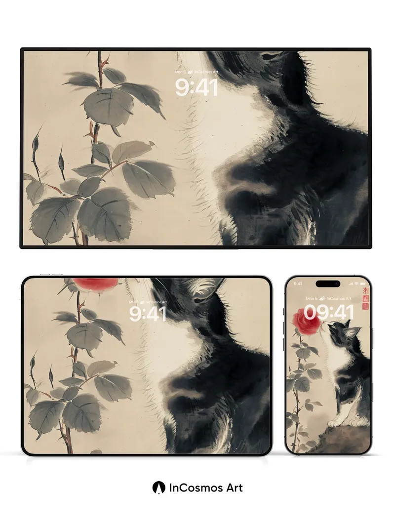Whispering Rose Wallpaper with Ink-Scented Cat