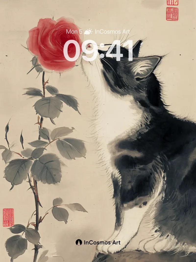 Whispering Rose Wallpaper with Ink-Scented Cat