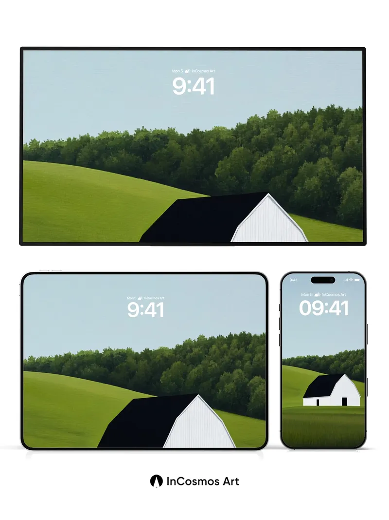 Serenity Barn Wallpaper with Rolling Green Fields