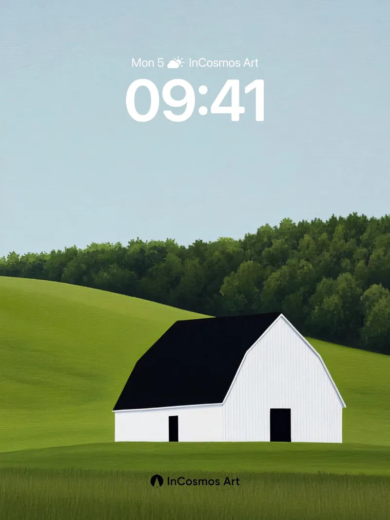 Serenity Barn Wallpaper with Rolling Green Fields