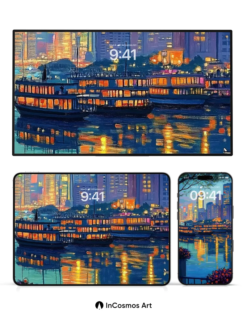 Luminous Harbor Wallpaper with Golden Reflections