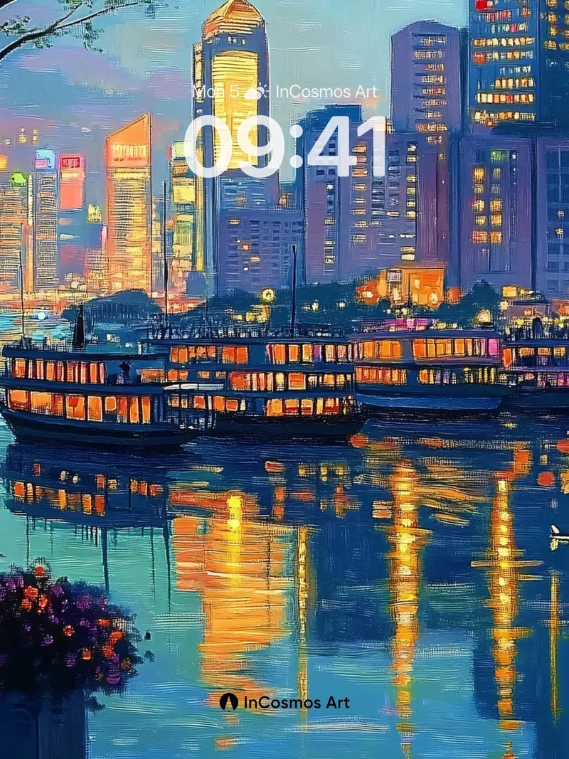 Luminous Harbor Wallpaper with Golden Reflections