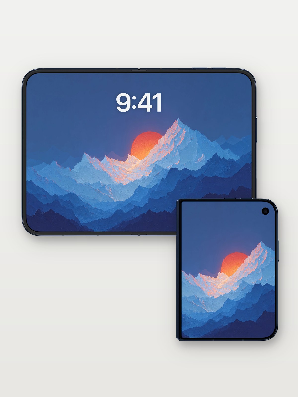 Crimson Horizon Wallpaper with Layered Peaks on iPhone Duo, open and closed