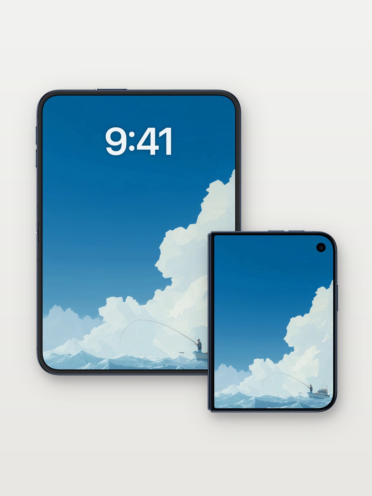 Serene Horizon Wallpaper with Floating Clouds on iPhone Duo, open and closed