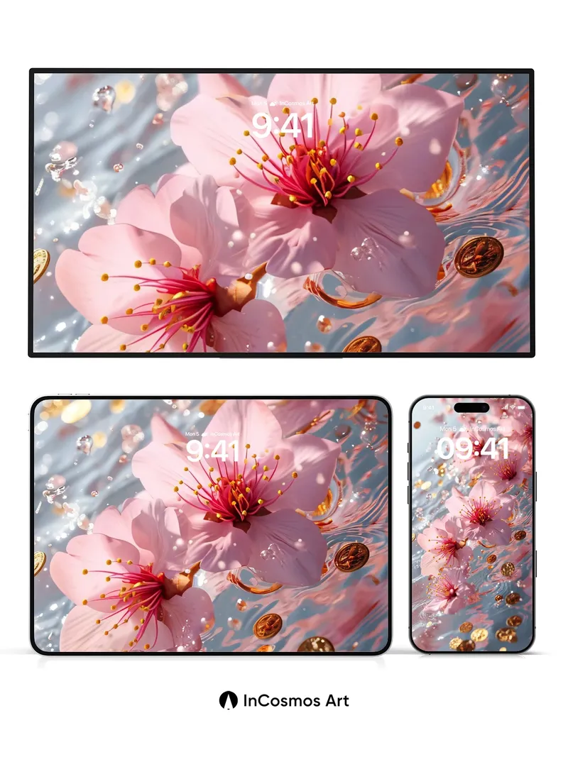 Luminous Petal Float Wallpaper with Golden Coins