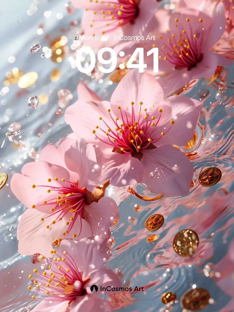 Luminous Petal Float Wallpaper with Golden Coins