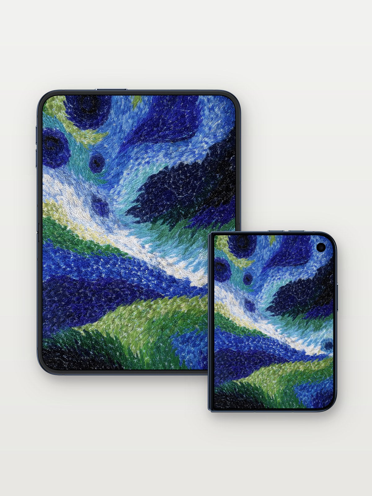 Whirlwind Sky Wallpaper with Starlit Threads on iPhone Duo, open and closed