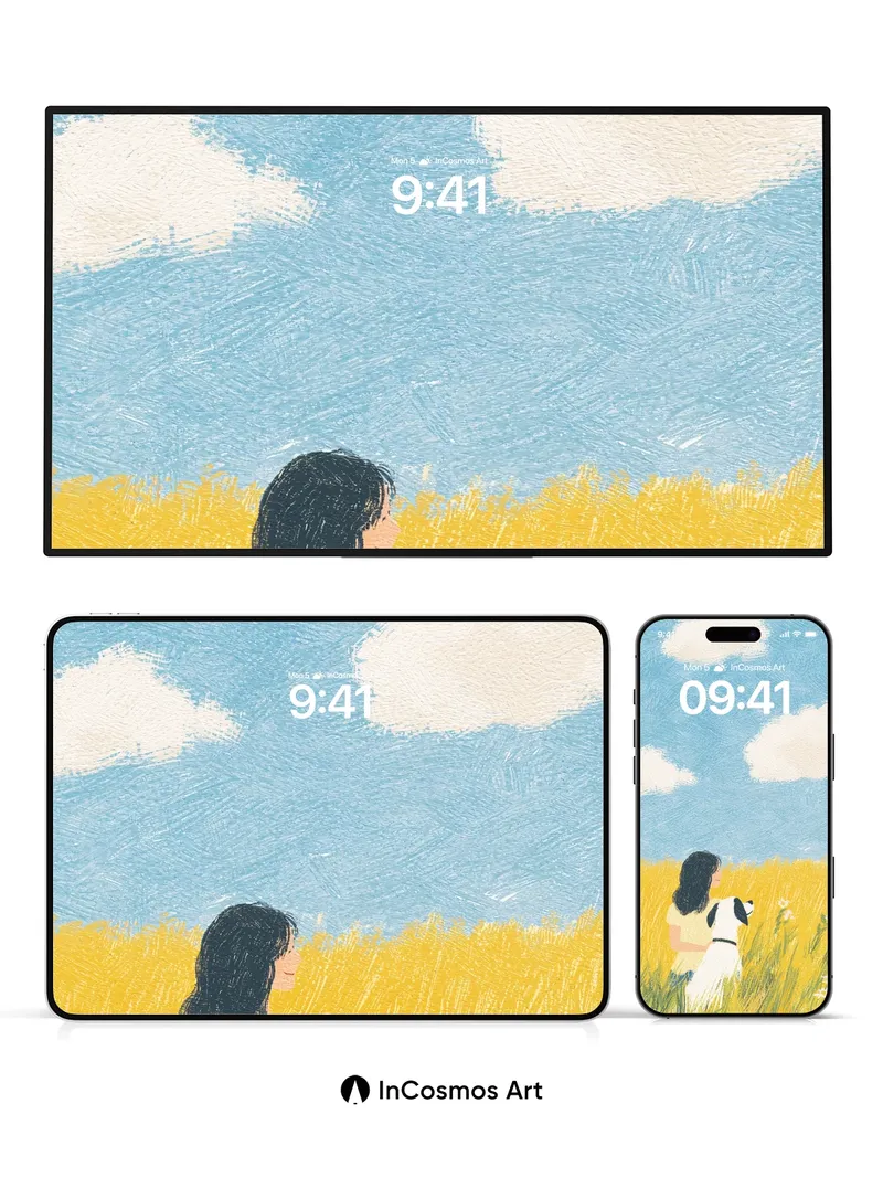 Golden Field Serenity Wallpaper with Dog and Sky