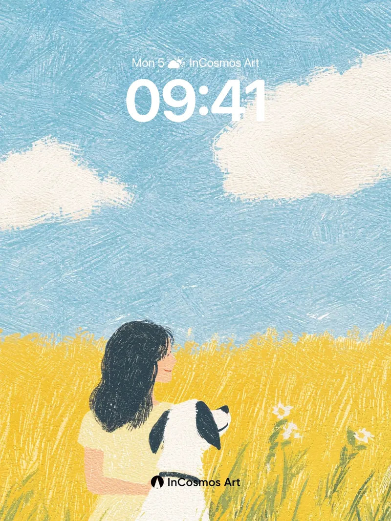 Golden Field Serenity Wallpaper with Dog and Sky