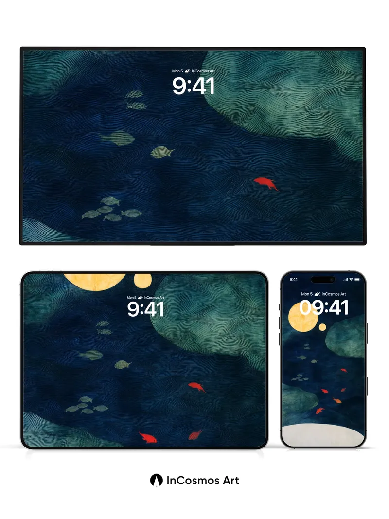 Moonlit Depths Wallpaper with Whispering Fish