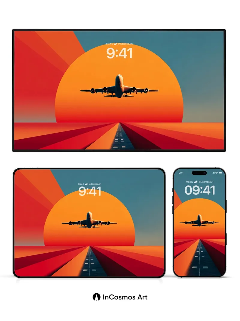Sunset Runway Wallpaper with Jet Silhouette