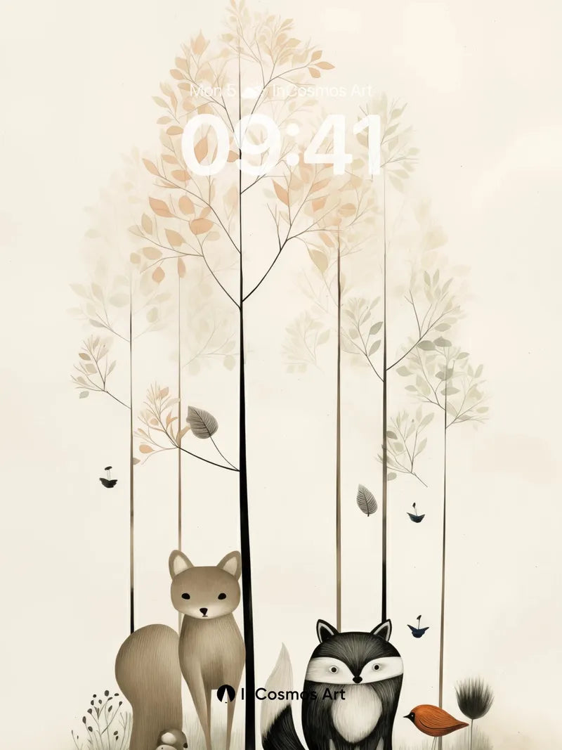 Whispering Woods Wallpaper with Foxes in Mist