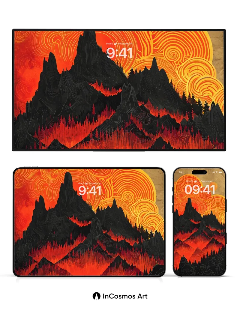 Crimson Horizon Wallpaper with Swirling Sunfire