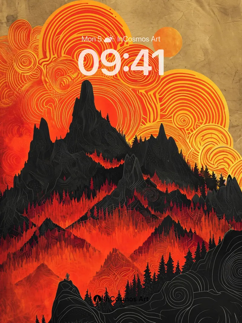 Crimson Horizon Wallpaper with Swirling Sunfire