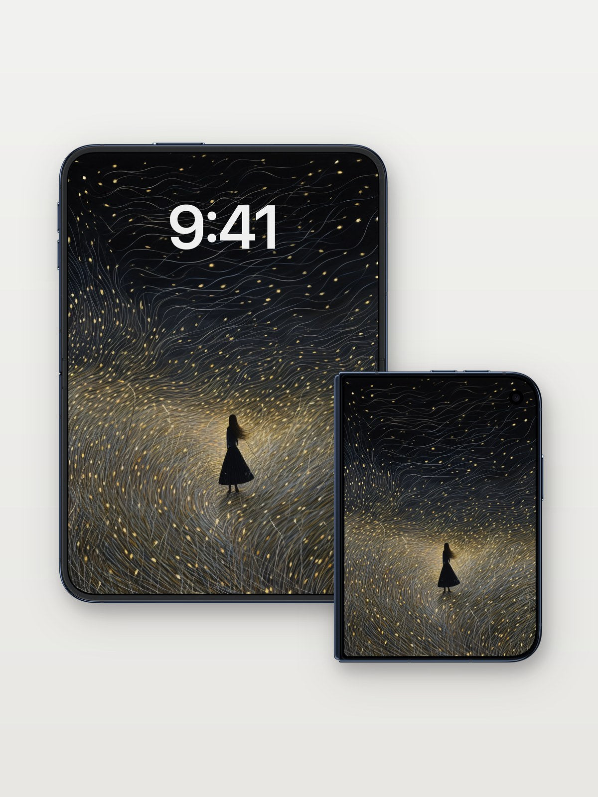 Silent Galaxy Wallpaper with Floating Light Trails on iPhone Duo, open and closed