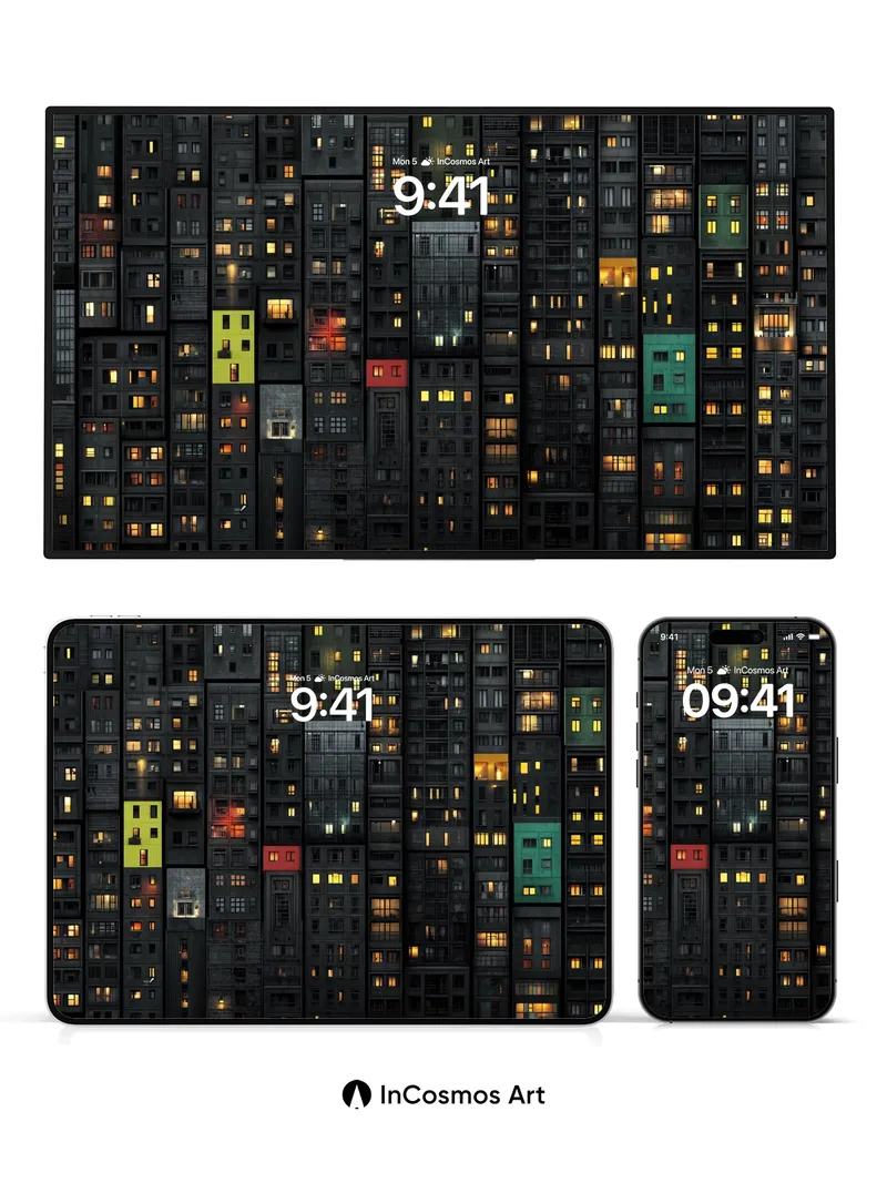 Midnight Grid Wallpaper with Glowing Windows