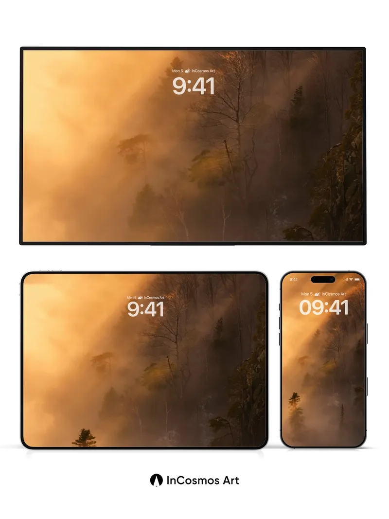 Golden Hush Wallpaper with Mist-Crawling Trees