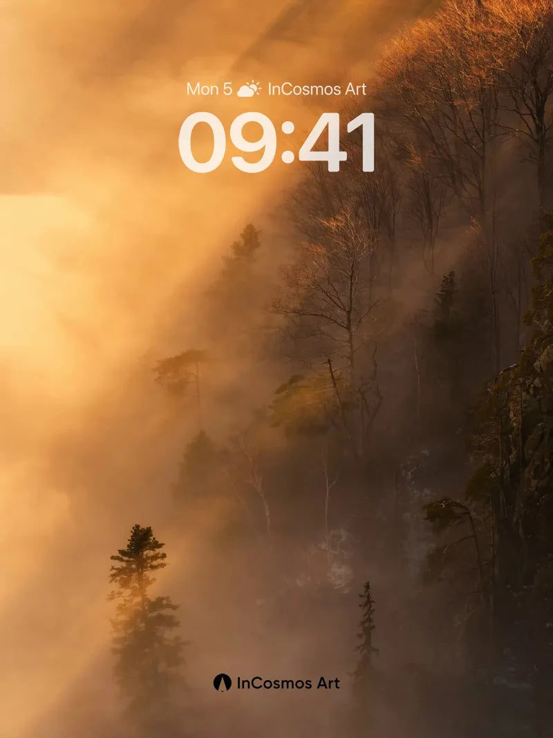 Golden Hush Wallpaper with Mist-Crawling Trees