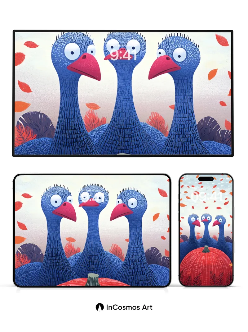 Whimsical Autumn Wallpaper with Blue Birds and Pumpkin