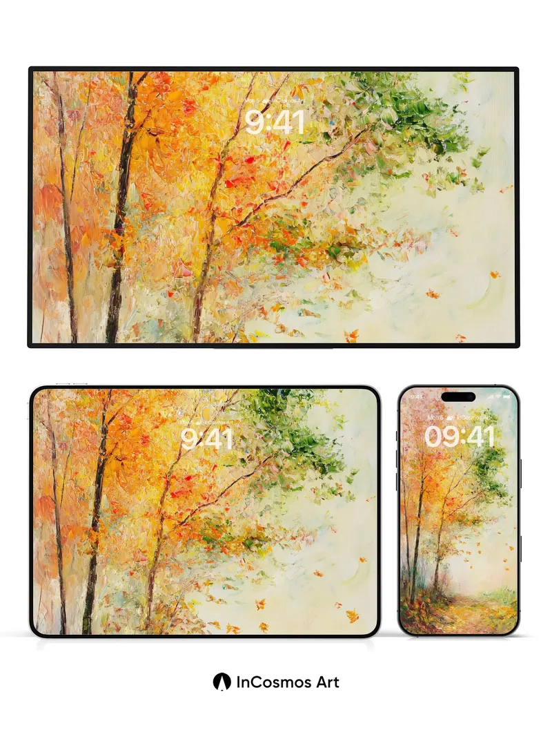 Autumn Whispers Wallpaper with Floating Leaves