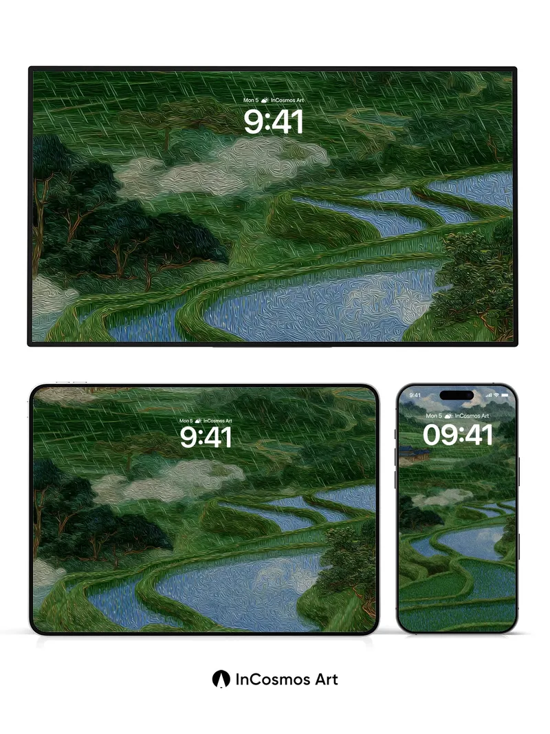 Whispering Rain Wallpaper with Terraced Fields