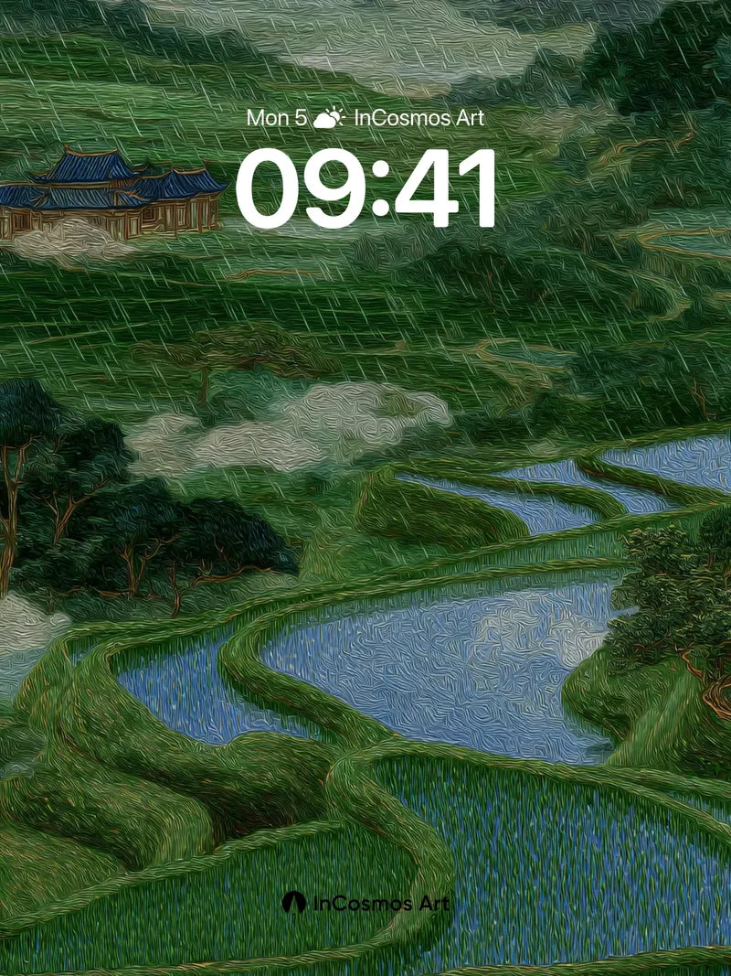 Whispering Rain Wallpaper with Terraced Fields