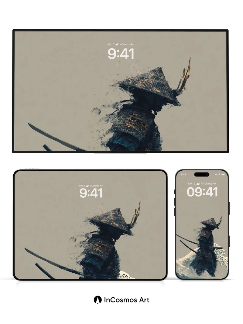 Fading Ronin Wallpaper with Hokusai Waves