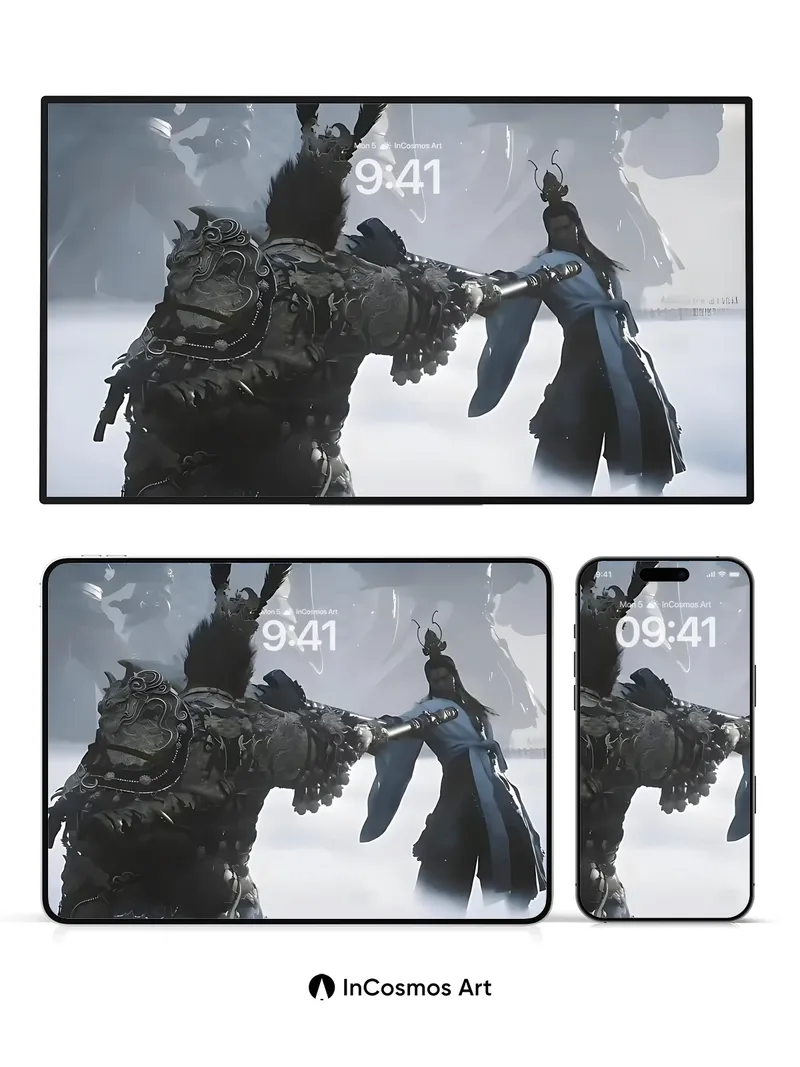 Frostbound Duel Wallpaper with Shadowed Armor