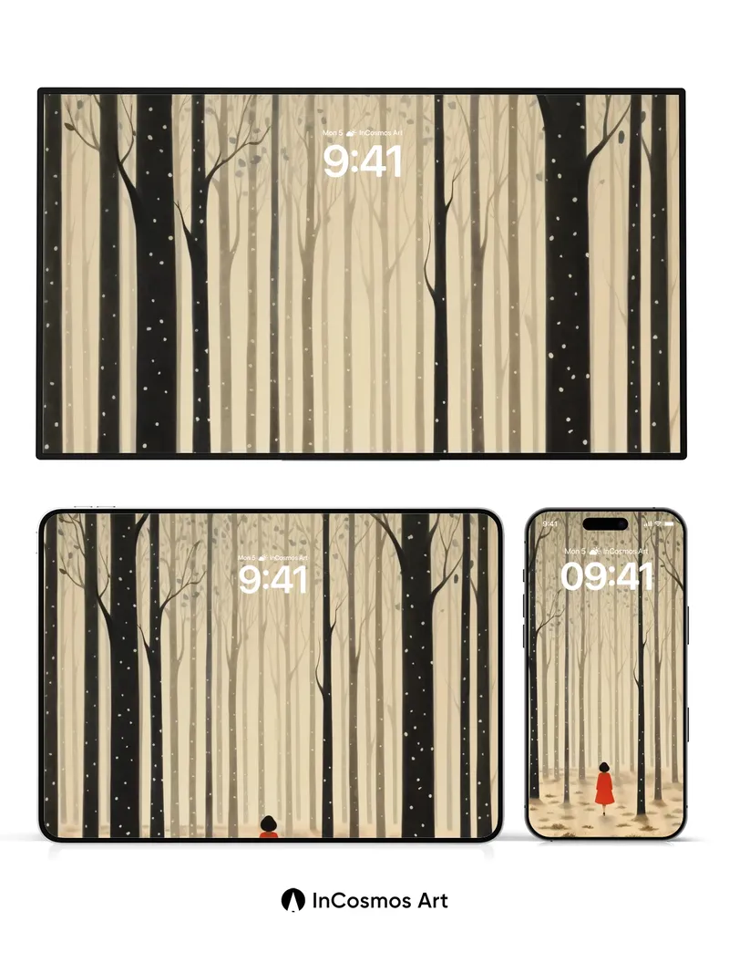 Whispering Woods Wallpaper with Silent Red Figure