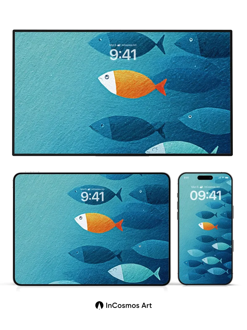 Calm Ocean Swarm Wallpaper with One Orange Fish