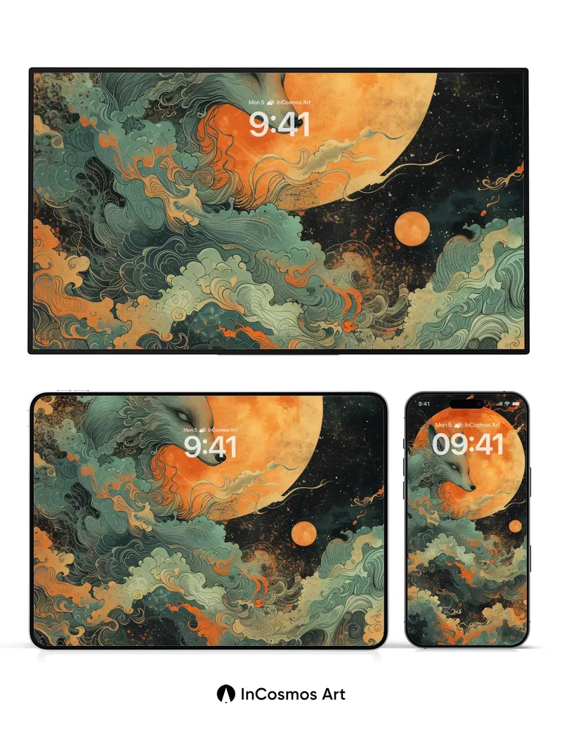 Celestial Fox Wallpaper with Hokusai Waves