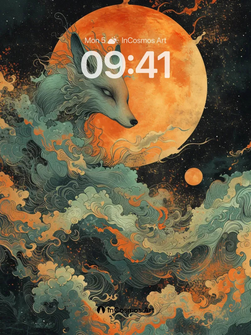 Celestial Fox Wallpaper with Hokusai Waves wallpaper for iPhone, iPad & Mac