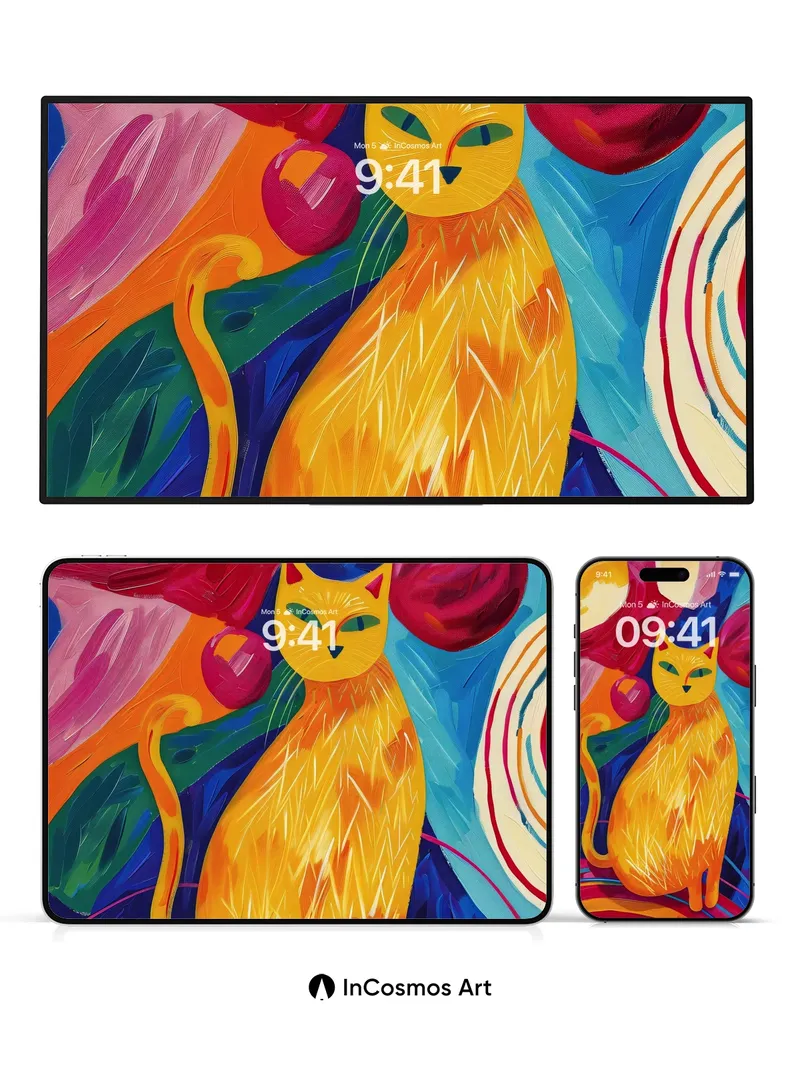 Surreal Flame Cat Wallpaper with Cosmic Swirls