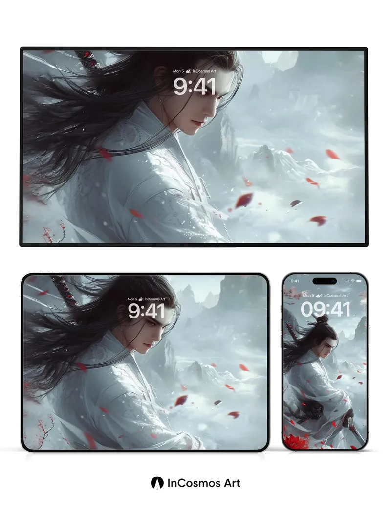 Snowfall Serenity Wallpaper with Crimson Petals