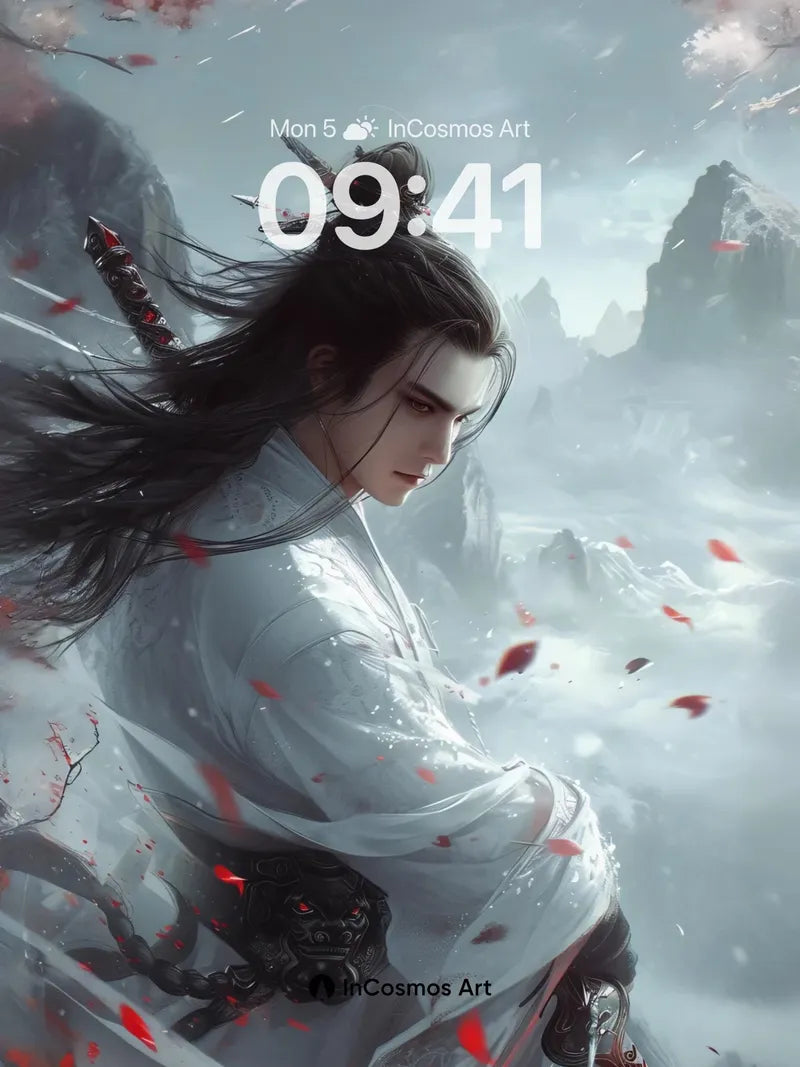 Snowfall Serenity Wallpaper with Crimson Petals