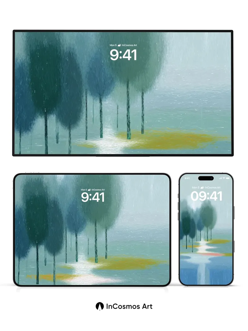 Misty Pathway Wallpaper with Soft Tree Silhouettes