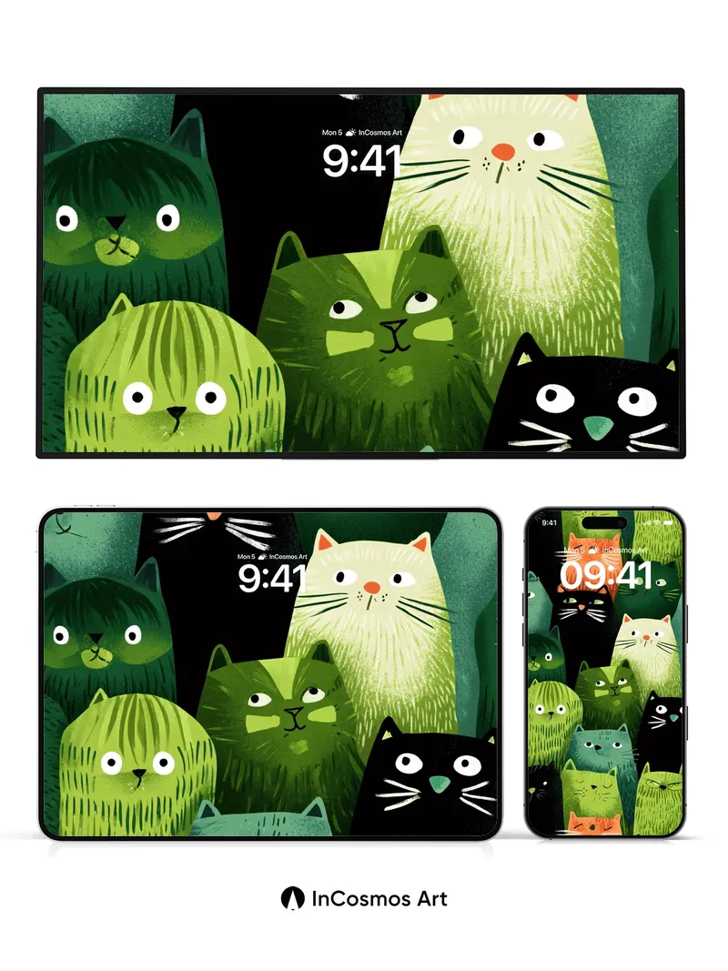 Whimsical Forest Cat Wallpaper with Playful Eyes