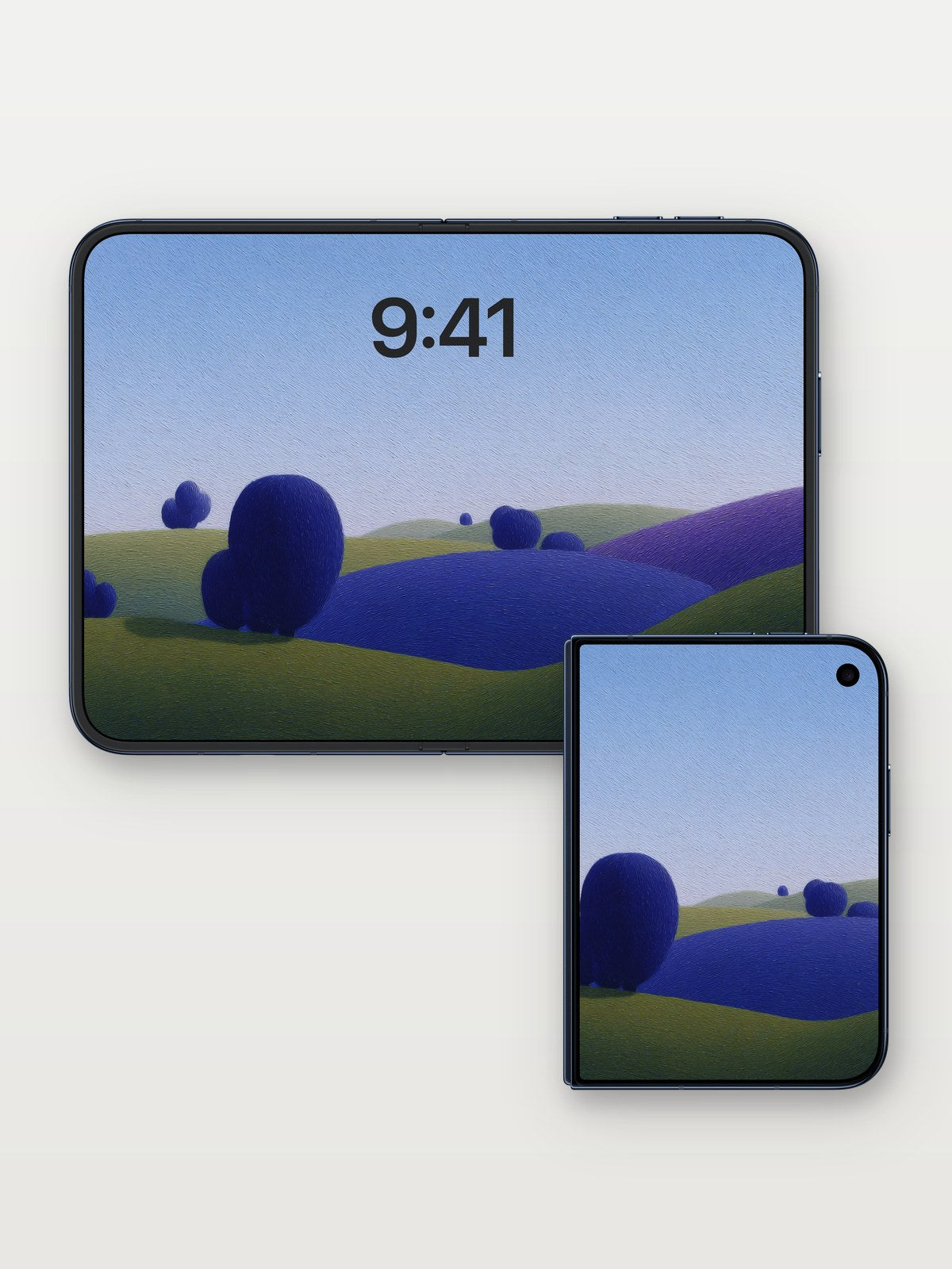Serenity Sphere Wallpaper with Floating Blue Blooms on iPhone Duo, open and closed