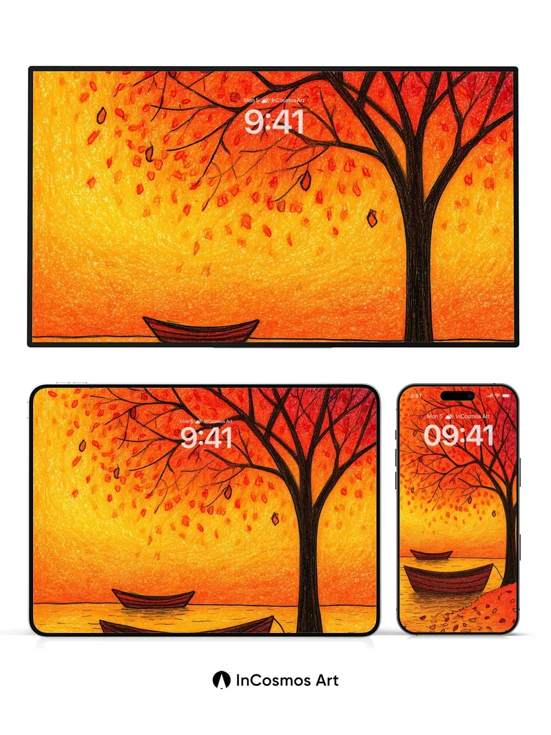 Autumn Hush Wallpaper with Floating Leaves