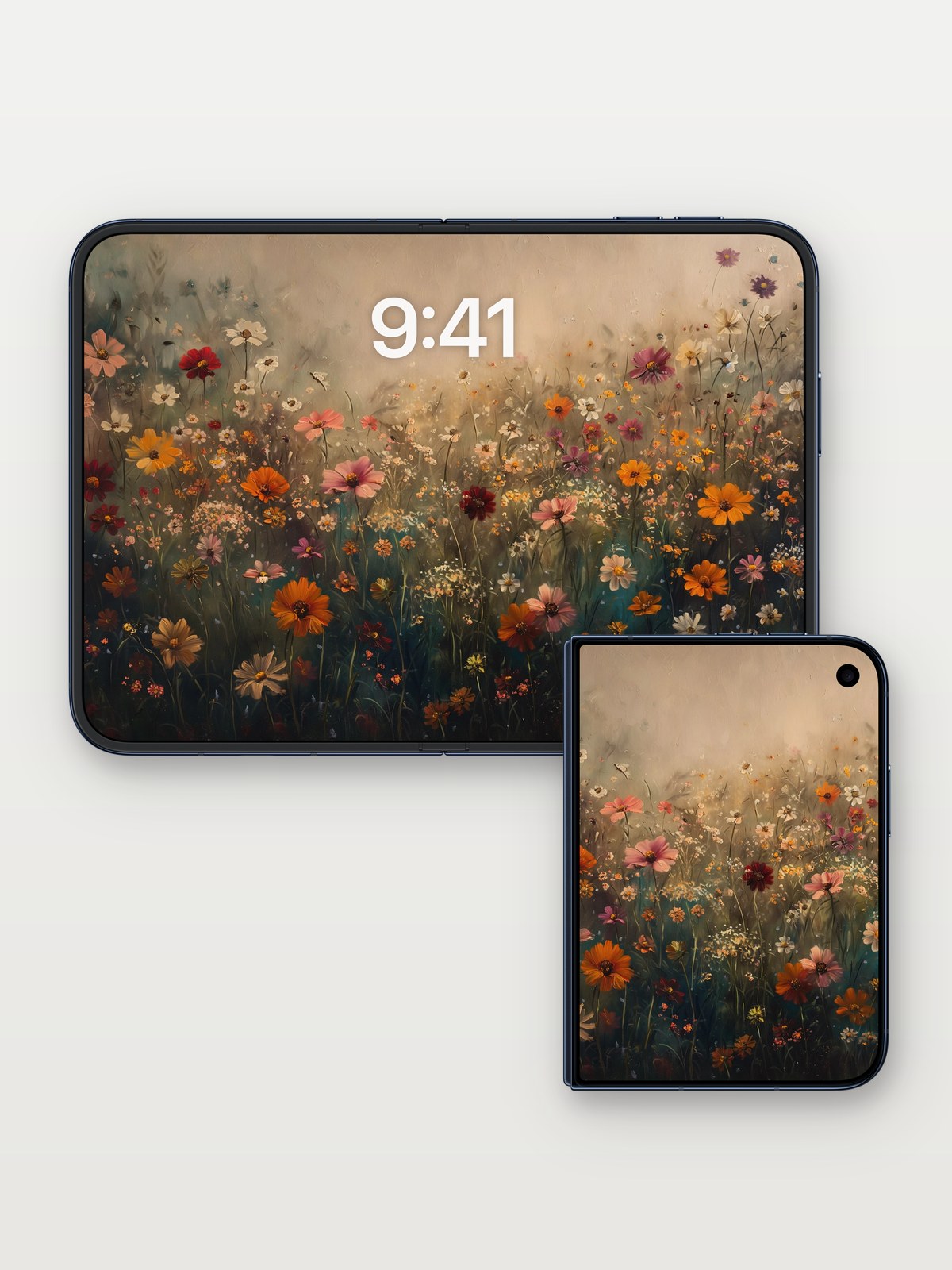 Misty Meadow Wallpaper with Golden Hues on iPhone Duo, open and closed