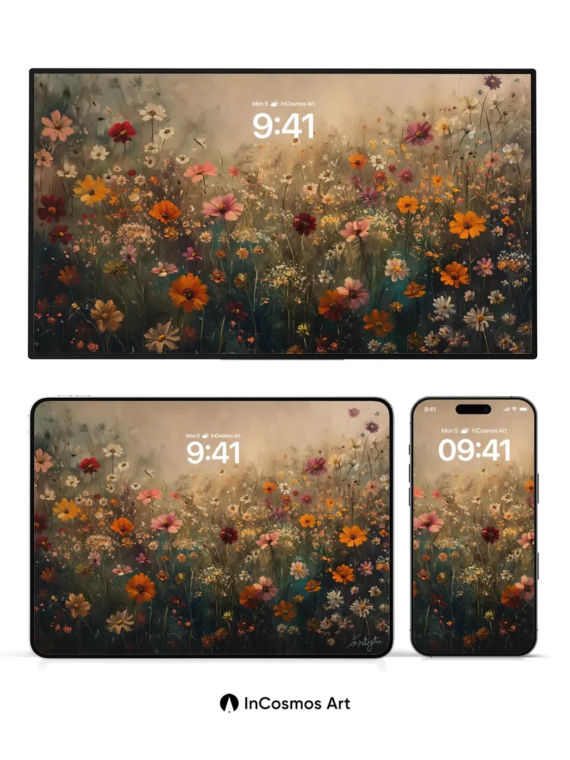 Misty Meadow Wallpaper with Golden Hues