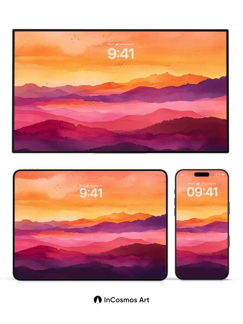 Crimson Horizon Wallpaper with Mist-Swept Peaks