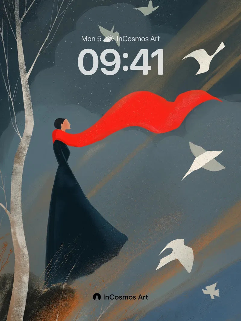 Whispering Red Scarf Wallpaper with Flying Doves