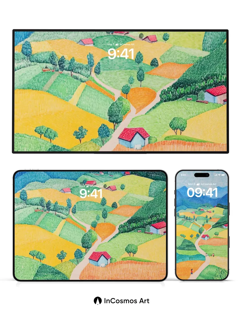 Serene Pathway Wallpaper with Rolling Fields