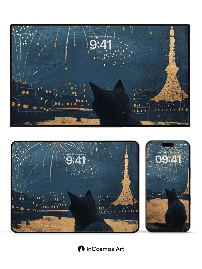 Midnight Whisker Wallpaper with Tokyo Fireworks
