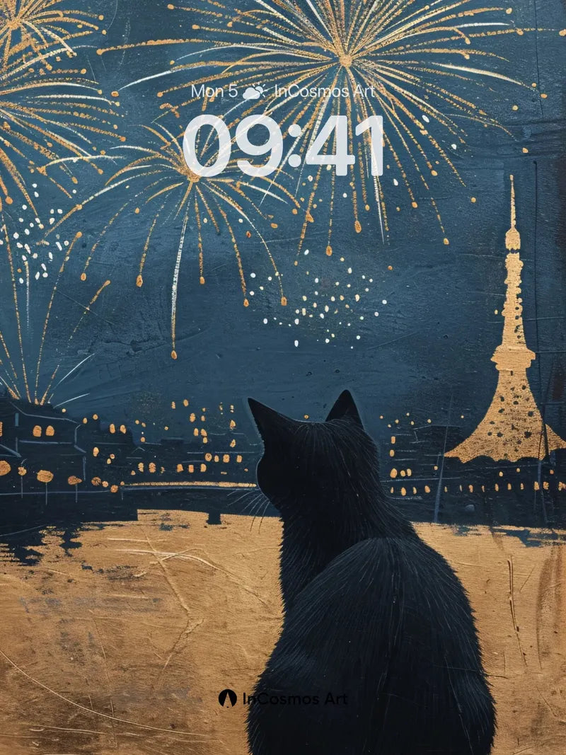 Midnight Whisker Wallpaper with Tokyo Fireworks