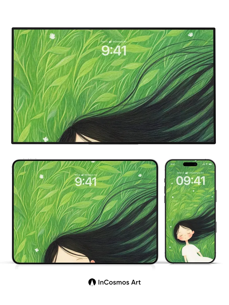 Serene Grass Whisper Wallpaper with Floating Hair